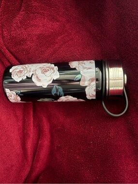Pottery Barn Black Floral Insulated Travel Bottle with Pink Rose Print